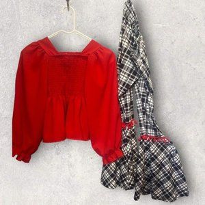 Girls Holiday Outfit Fun Bell Bottom Pom Pom bottoms with puffy sleeve